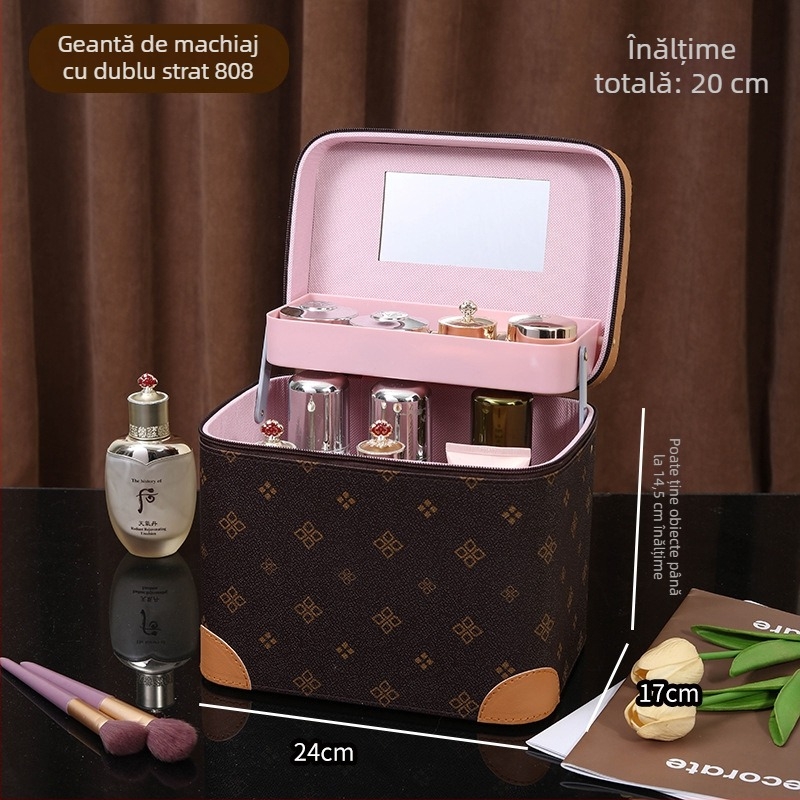 Casetă de machiaj cu mai multe compartimente, portabilă, capacitate mare, PVC, cu oglindă