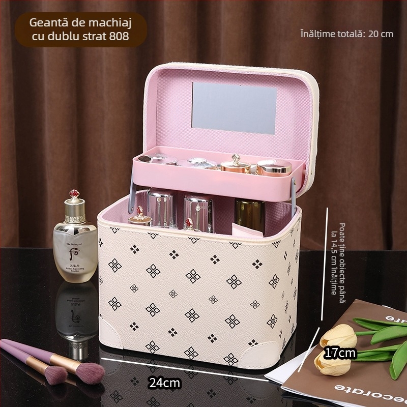 Casetă de machiaj cu mai multe compartimente, portabilă, capacitate mare, PVC, cu oglindă