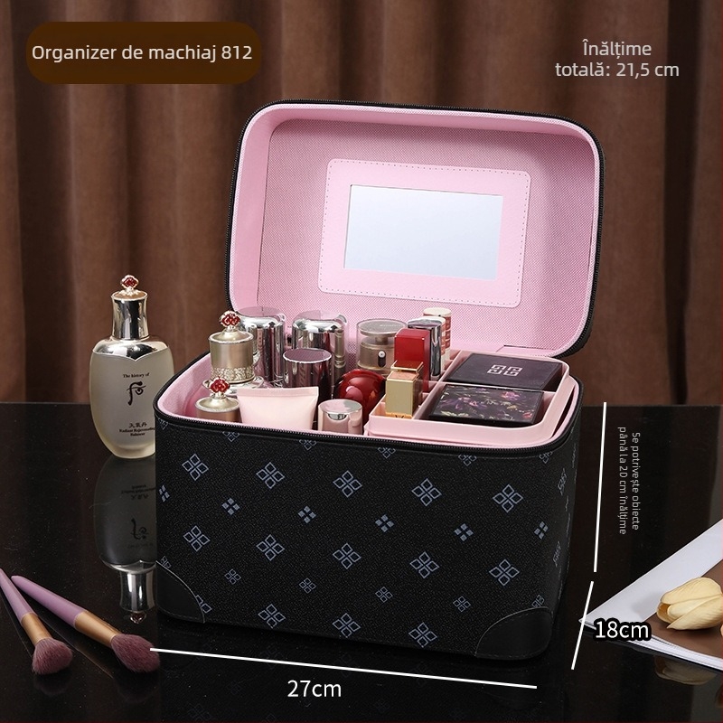 Casetă de machiaj cu mai multe compartimente, portabilă, capacitate mare, PVC, cu oglindă