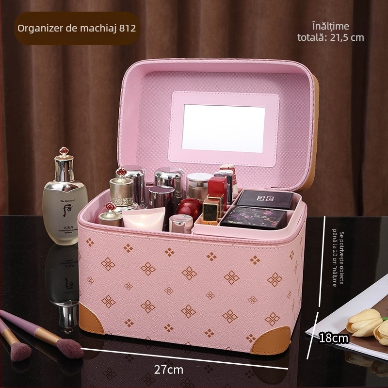 Casetă de machiaj cu mai multe compartimente, portabilă, capacitate mare, PVC, cu oglindă