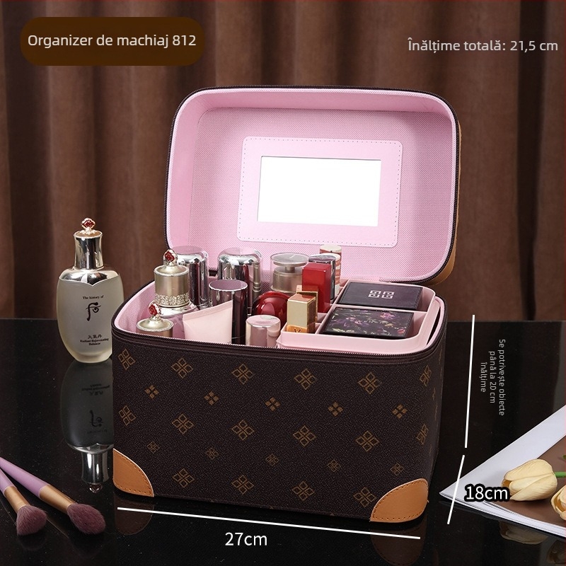 Casetă de machiaj cu mai multe compartimente, portabilă, capacitate mare, PVC, cu oglindă