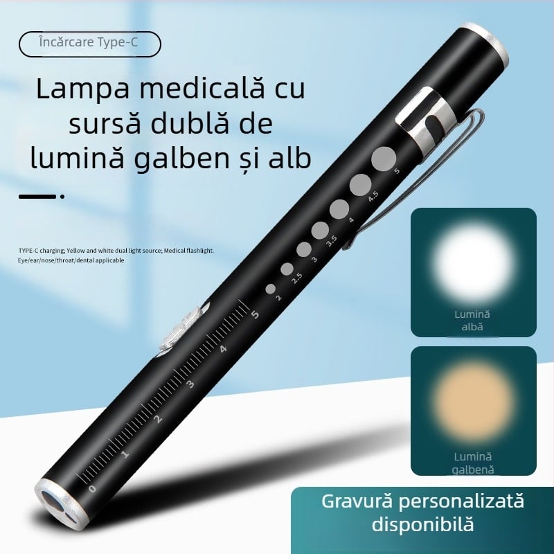 Stilou medical portabil cu sursă dublă de lumină, încărcare USB, corp din oțel inoxidabil, model FA201B-1