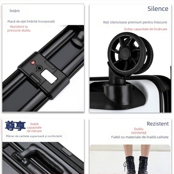 Valiză de călătorie din ABS, deschidere cu fermoar, port USB pentru încărcare, roți universale, greutate 4 kg.