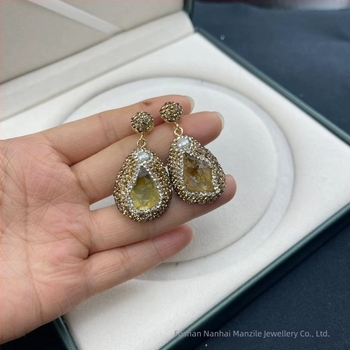 Set de bijuterii din patru piese cu cristal natural de citrin și perle Baroque, lanț cu perle, model stele și lună, design original îndrăzneț