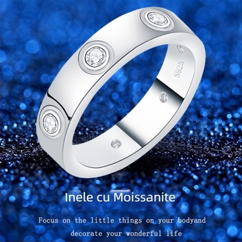 Inel Moissanit din argint 925, unisex, în formă de valuri și U, cu montură încrustată
