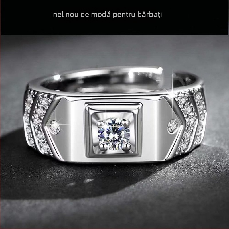 Inel pentru bărbați – placare cu 24K aur, moissanit simulant, stil coreean, design geometric, cupru ecologic