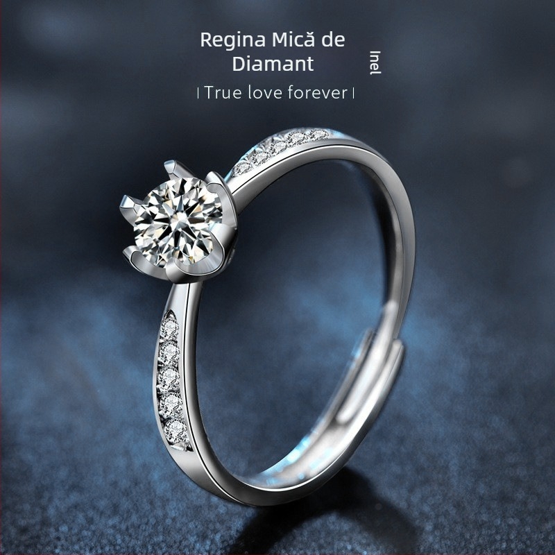 Inel cu Moissanit, Argint 925, montură cu șase gheare, reglabil, platinat 0,05 μm