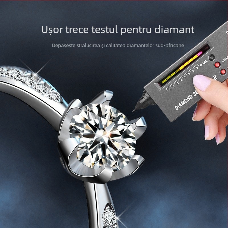 Inel cu Moissanit, Argint 925, montură cu șase gheare, reglabil, platinat 0,05 μm