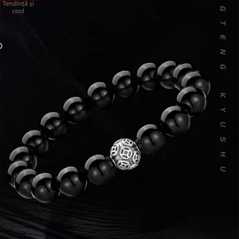 Brățară din obsidian pentru bărbați, stil etnic, mărgele rotunde, placare electroplată, set de 18 bucăți