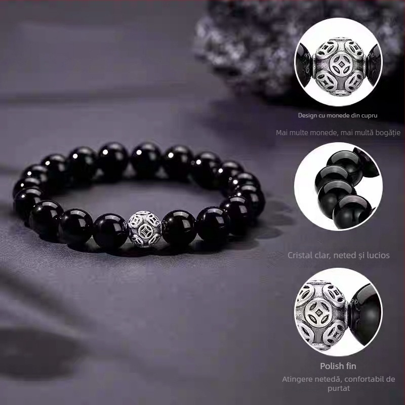 Brățară din obsidian pentru bărbați, stil etnic, mărgele rotunde, placare electroplată, set de 18 bucăți