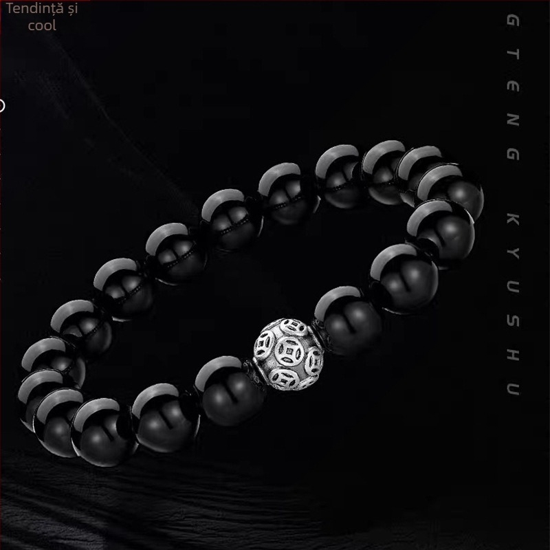 Brățară din obsidian pentru bărbați, stil etnic, mărgele rotunde, placare electroplată, set de 18 bucăți