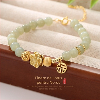 Brățară din argint 999 cu noroc lotus pentru femei, stil chinezesc vintage cu jad Hetian și mărgele de noroc placate cu aur
