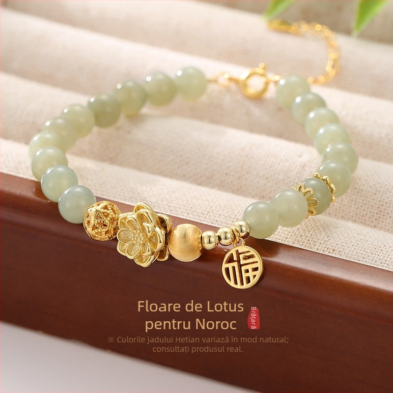 Brățară din argint 999 cu noroc lotus pentru femei, stil chinezesc vintage cu jad Hetian și mărgele de noroc placate cu aur