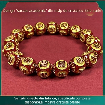 Brățară din cinnabar cu nisip de cristal translucid și decor auriu, talisman unisex pentru anul nașterii