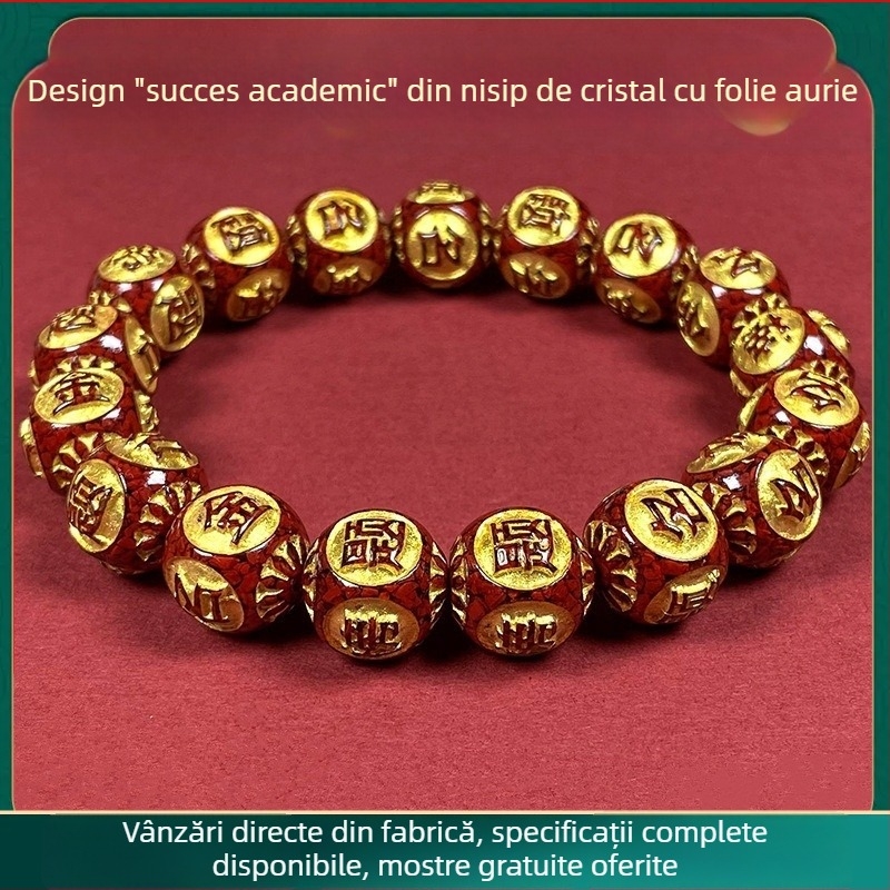 Brățară din cinnabar cu nisip de cristal translucid și decor auriu, talisman unisex pentru anul nașterii