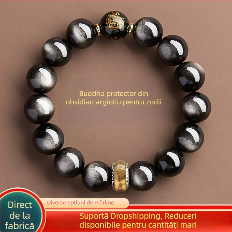 Brățară din obsidian natural argintiu, Budha păzitor pentru cele 12 zodii, unisex