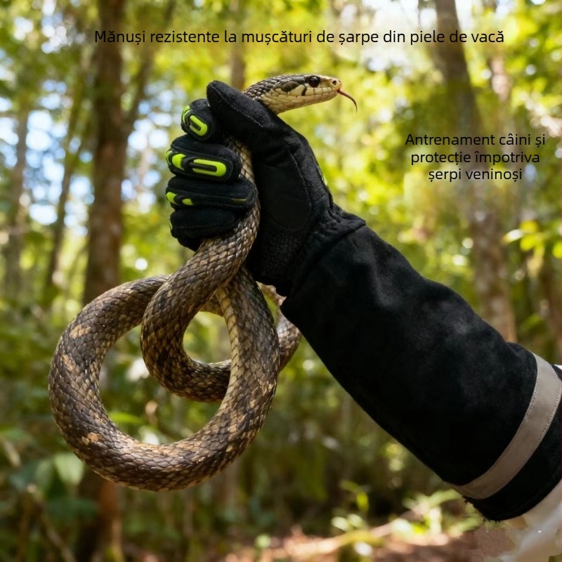 Mănuși pentru prinderea șerpilor, din piele de vițel îngroșată și prelungită, căptușite cu piele, protecție anti-tăiere și anti-înțepare, rezistente la temperaturi înalte, pentru mușcături de șerpi