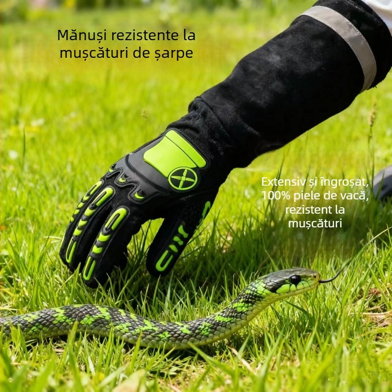 Mănuși pentru prinderea șerpilor, din piele de vițel îngroșată și prelungită, căptușite cu piele, protecție anti-tăiere și anti-înțepare, rezistente la temperaturi înalte, pentru mușcături de șerpi