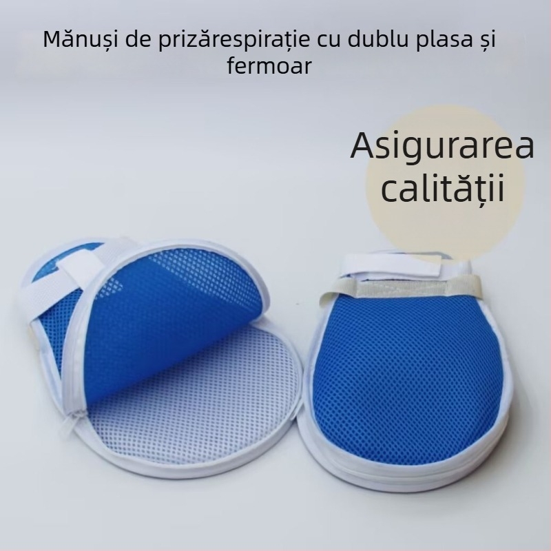 Mănuși de restricție respirabile cu fermoar pentru pacienți și vârstnici — anti-zgâriere, anti-smulgere, plăcuță de protecție încorporată, curele fixe, Material: fibră de poliester