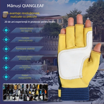 Mănuși de lucru din piele de miel, cu degete parțial – respirante, rezistente la uzură, anti-tăiere și anti-coliziune (Parțial degete, piele de miel, respirante, anti-tăiere, anti-coliziune)