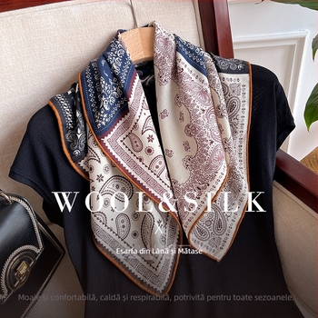 Șal pătrat din mătase cu lână, toamnă 2025, origine Hangzhou, tricot warp-knit, imprimare