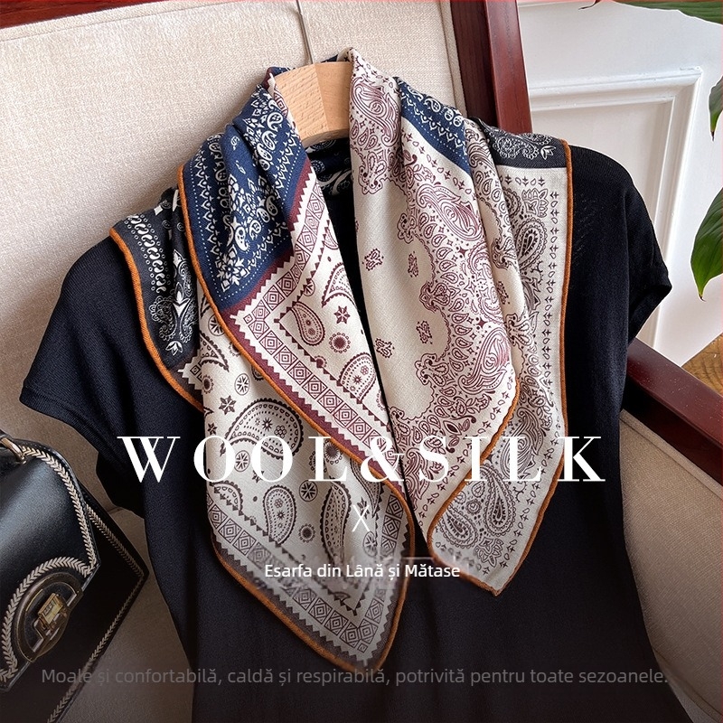 Șal pătrat din mătase cu lână, toamnă 2025, origine Hangzhou, tricot warp-knit, imprimare