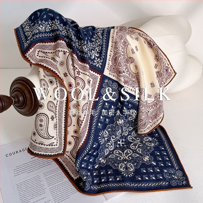 Șal pătrat din mătase cu lână, toamnă 2025, origine Hangzhou, tricot warp-knit, imprimare