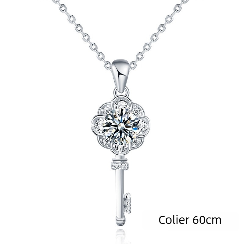 Colier cu pandantiv-cheie din argint 925 cu moissanit, lanț încrucișat, lungime reglabilă 21–50 cm