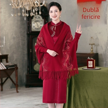 Șal tricotat în stil qipao, broderie florală cu ciucuri, material amestecat, stil național, pentru toamnă-iarna