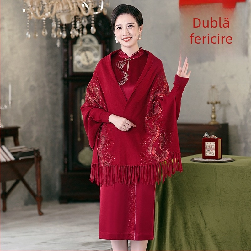 Șal tricotat în stil qipao, broderie florală cu ciucuri, material amestecat, stil național, pentru toamnă-iarna