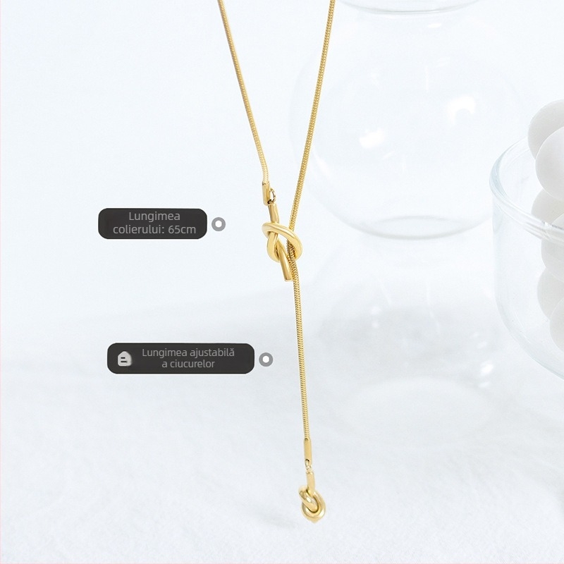 Lanț lung pentru pulover cu design geometric coreean, pandantiv inimă cusut nod cu ciucuri, lungime reglabilă, placare cu 18K aur, din oțel titan (Model M045)