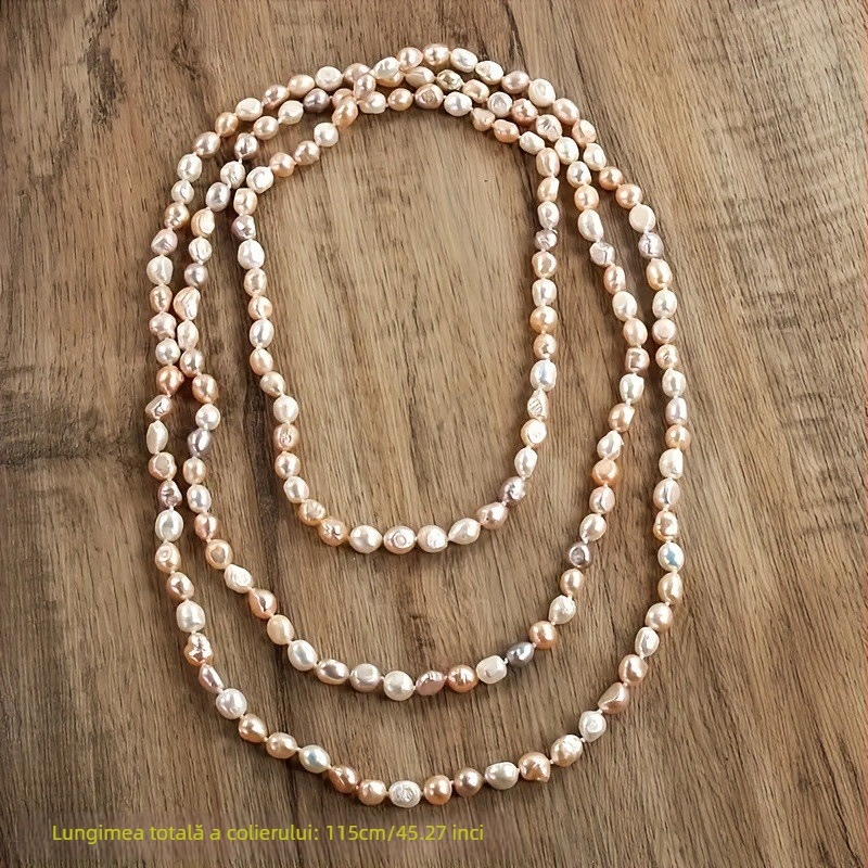 Colier extralong din perle de apă dulce, nodurat, 81 cm sau mai mult, perle aproape rotunde de 7–8 mm, accesorii din cupru