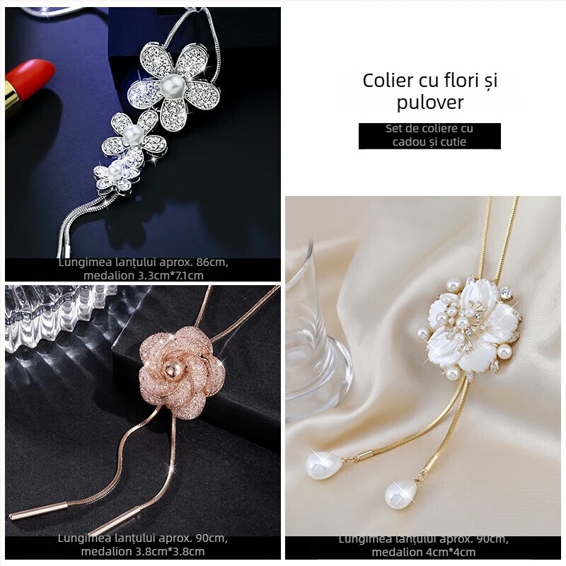 Colier pentru pulover cu pandantiv în formă de floare, aliaj, lanț tip cutie