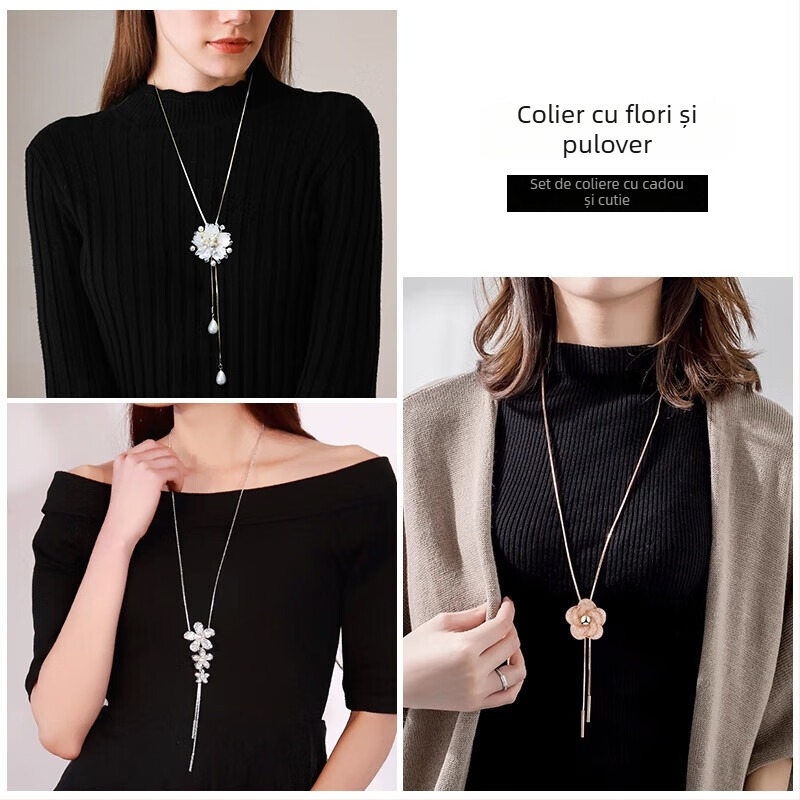 Colier pentru pulover cu pandantiv în formă de floare, aliaj, lanț tip cutie