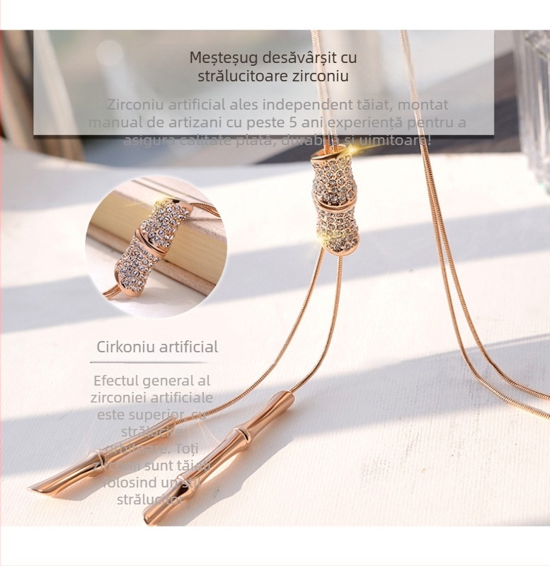 Lanț de pulover cu ciucuri din bambus, colier pentru femei, lanț tip șarpe, pandantiv din aliaj, mozaic cu pietre artificiale în model carouri