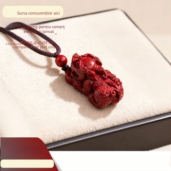 Pandantiv Pixiu din cinnabar pentru colier, cu trei monede – bijuterii taoiste, finisaj lustruit, design original