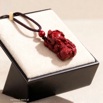 Pandantiv Pixiu din cinnabar pentru colier, cu trei monede – bijuterii taoiste, finisaj lustruit, design original