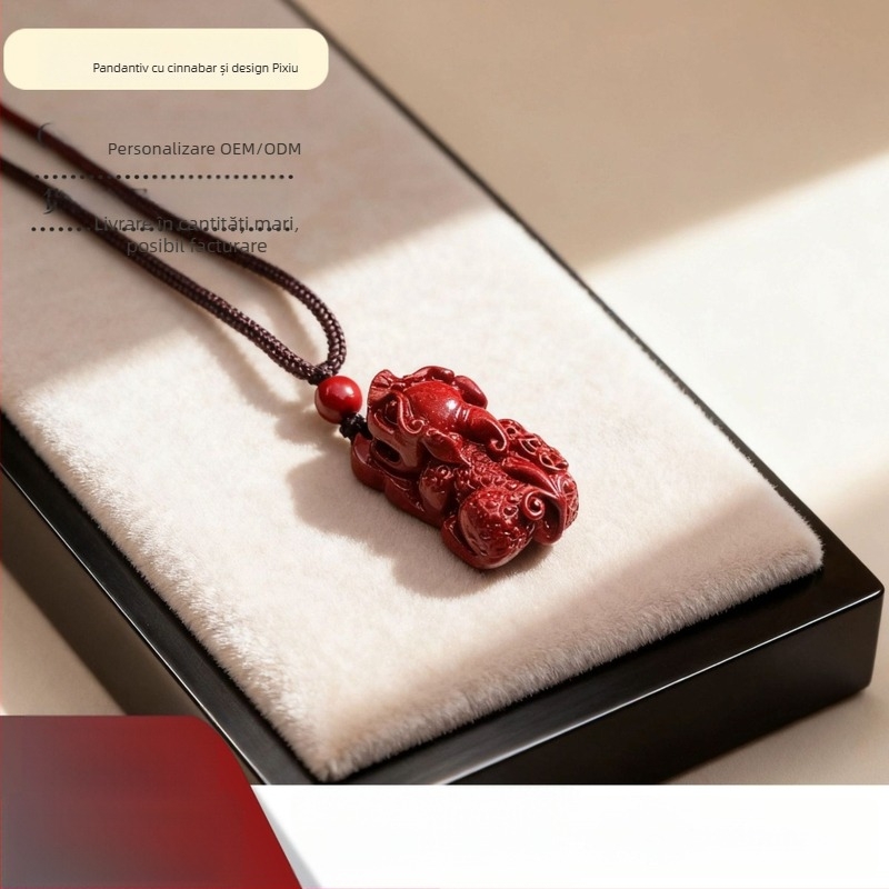 Pandantiv Pixiu din cinnabar pentru colier, cu trei monede – bijuterii taoiste, finisaj lustruit, design original