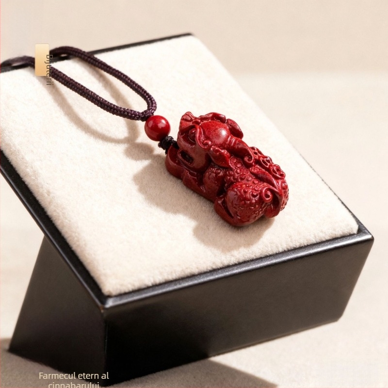 Pandantiv Pixiu din cinnabar pentru colier, cu trei monede – bijuterii taoiste, finisaj lustruit, design original