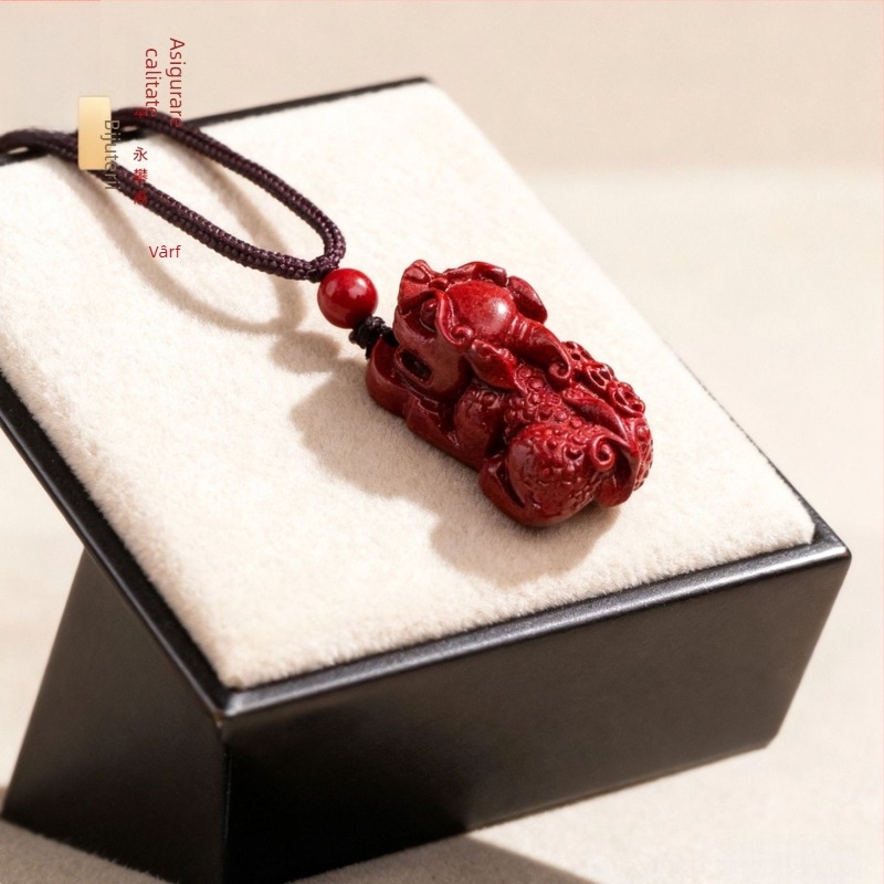 Pandantiv Pixiu din cinnabar pentru colier, cu trei monede – bijuterii taoiste, finisaj lustruit, design original