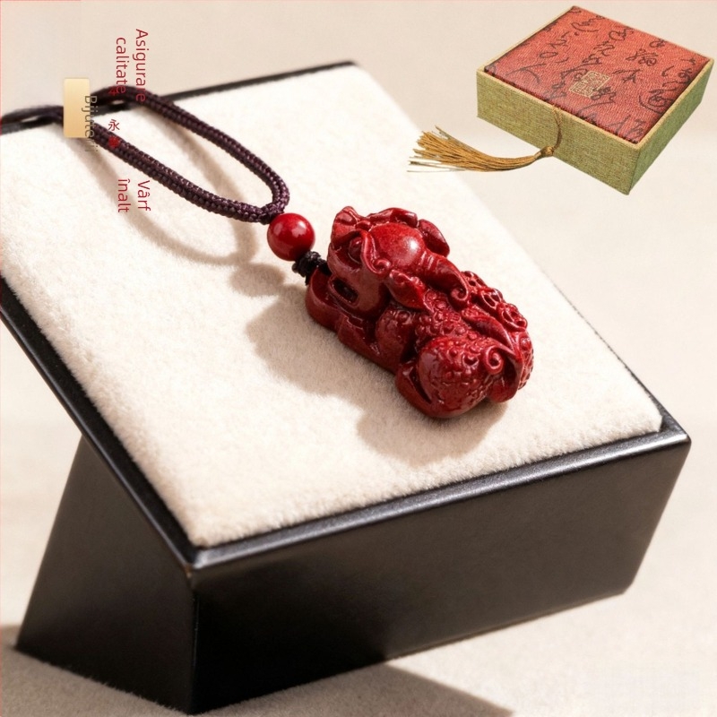 Pandantiv Pixiu din cinnabar pentru colier, cu trei monede – bijuterii taoiste, finisaj lustruit, design original