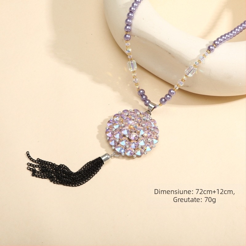 Colier lung pentru pulover din aliaj, stil feminin vintage, model carouri, lanț cu bile, cristal artificial, procesare și personalizare disponibile
