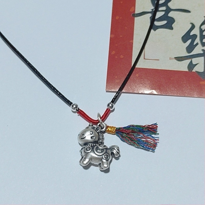 Colier din argint 999, stil chinezesc, tricotat manual, formă animale/zodiac, lanț din ață cerată