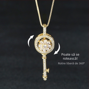 Colier cu pandantiv cheie rotativ în formă de floare, din cupru placat electroplatinat cu zirconiu, lanț box