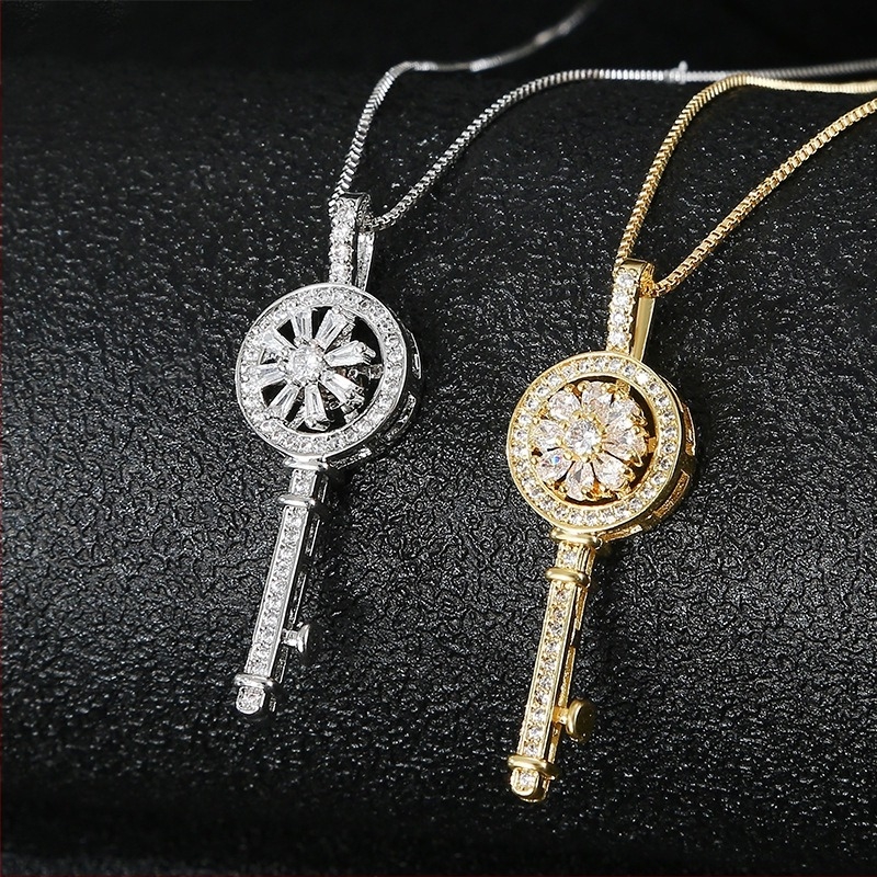 Colier cu pandantiv cheie rotativ în formă de floare, din cupru placat electroplatinat cu zirconiu, lanț box