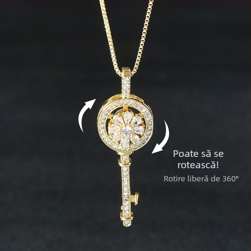 Colier cu pandantiv cheie rotativ în formă de floare, din cupru placat electroplatinat cu zirconiu, lanț box