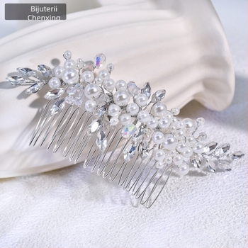 Chenxing Pieptene pentru păr cu perle și cristal alb, model val, lucrat manual, accesorii de păr pentru nuntă CX13