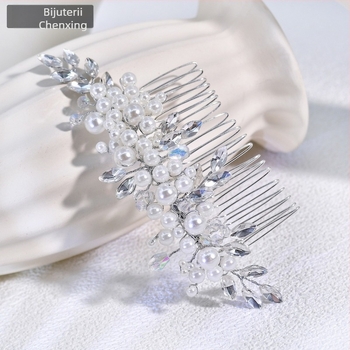 Chenxing Pieptene pentru păr cu perle și cristal alb, model val, lucrat manual, accesorii de păr pentru nuntă CX13