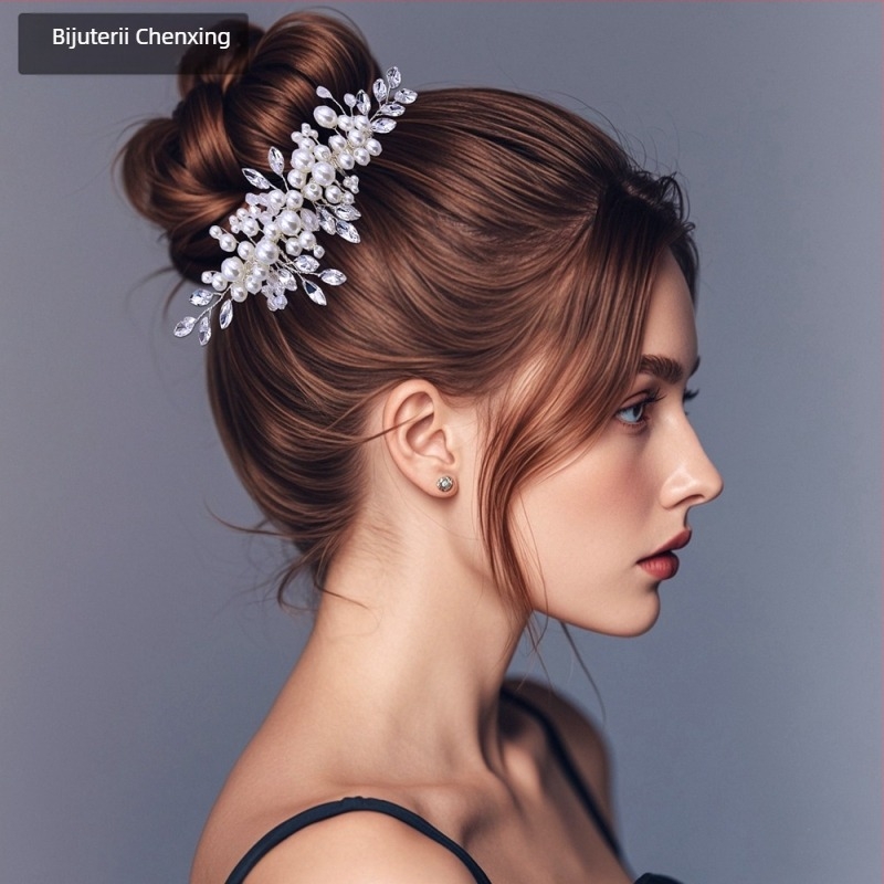 Chenxing Pieptene pentru păr cu perle și cristal alb, model val, lucrat manual, accesorii de păr pentru nuntă CX13
