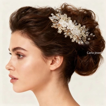 Set de accesorii pentru păr de mireasă – flori, din lut moale lucrat manual, cristale albe, accesorii pentru cap